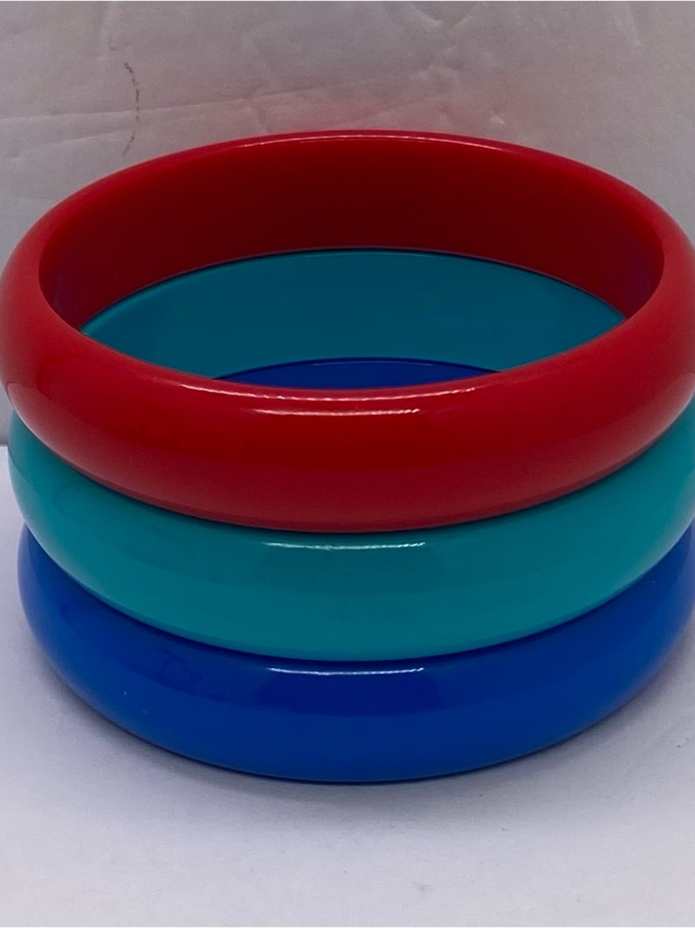 Vintage Set Of 3 Colorful Lucite Stacking Bangles - Red, Teal, Blue
